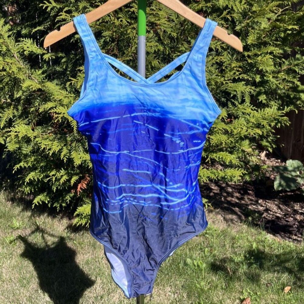 Blue Ombre One Piece Swimsuit Women’s Modest Full Coverage Criss Cross Back